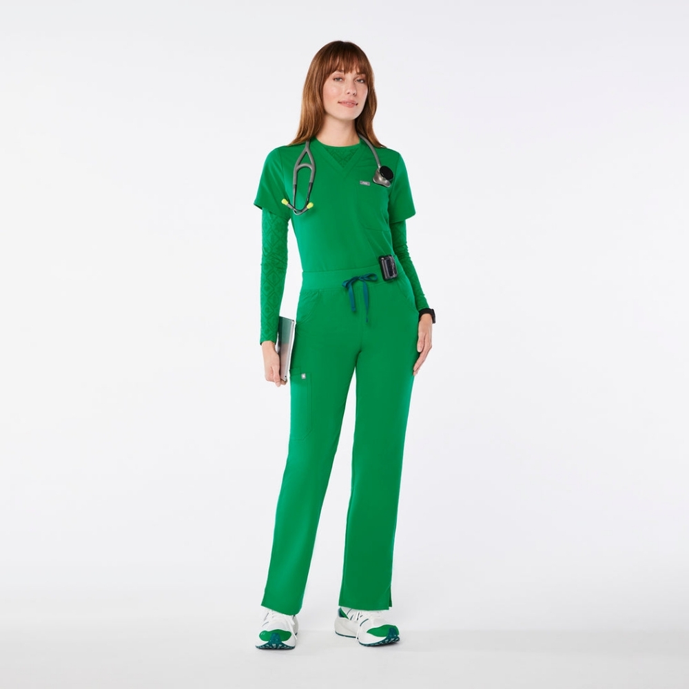 FIGS set of Kade cargo pants and Lucia relaxed crew neck scrub top. Evergreen